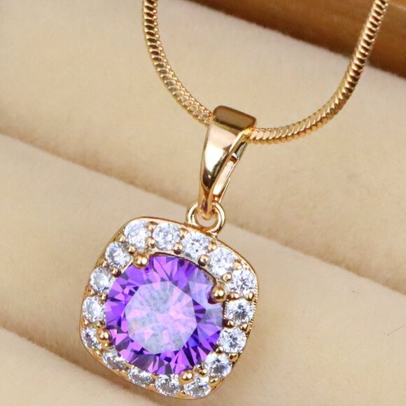 "Purple Round Stone Pendant in Gold Plated Brass with Crystal Halo, XPPT1772 - Picture 1 of 13